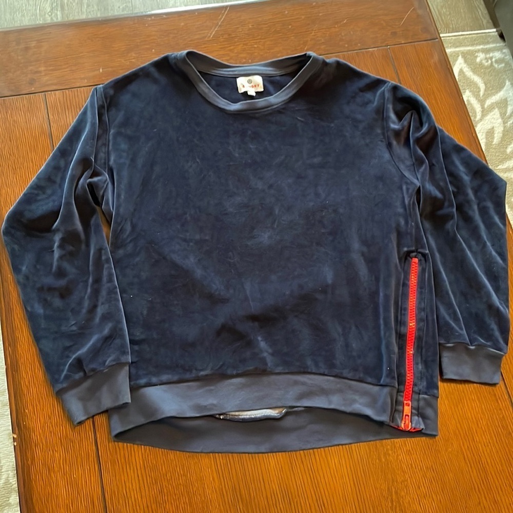 Sundry Size 0 Navy Blue Velour Pullover Sweatshirt Red Contrast Side Zipper